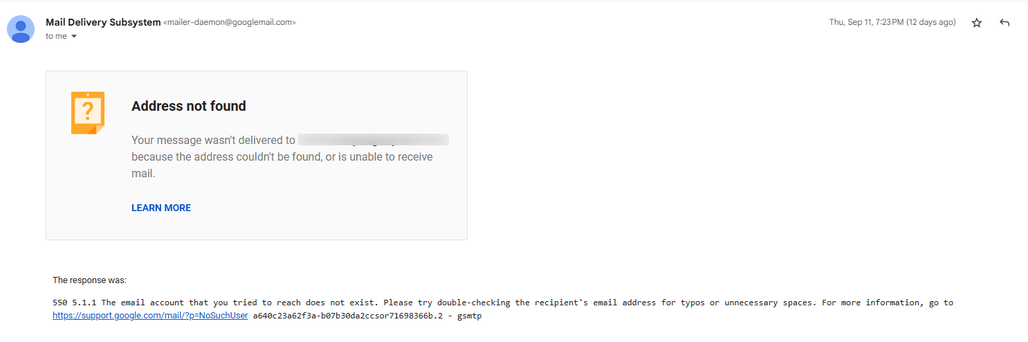 Failed email delivery showing bounce error - ExactVerify