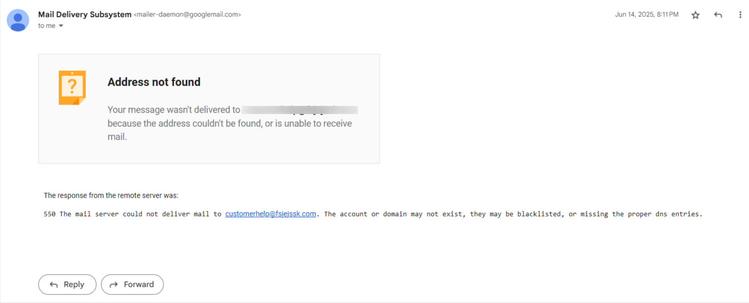Email delivery failed message showing error code 550 – ExactVerify