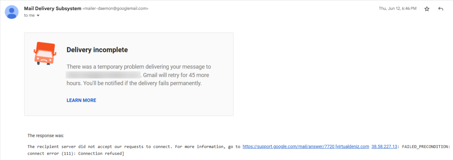 Email delivery incomplete message with connection error – ExactVerify