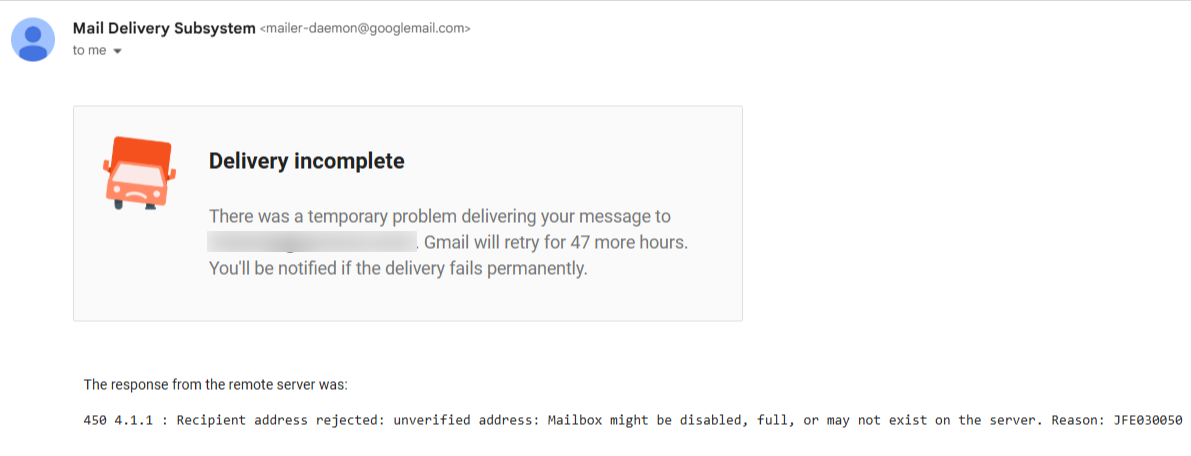 Delivery incomplete 450 error message – ExactVerify